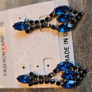 Glamourous Chandelier Earrings Deep Royal Blue And Black Rhinestones 1.5" USA
